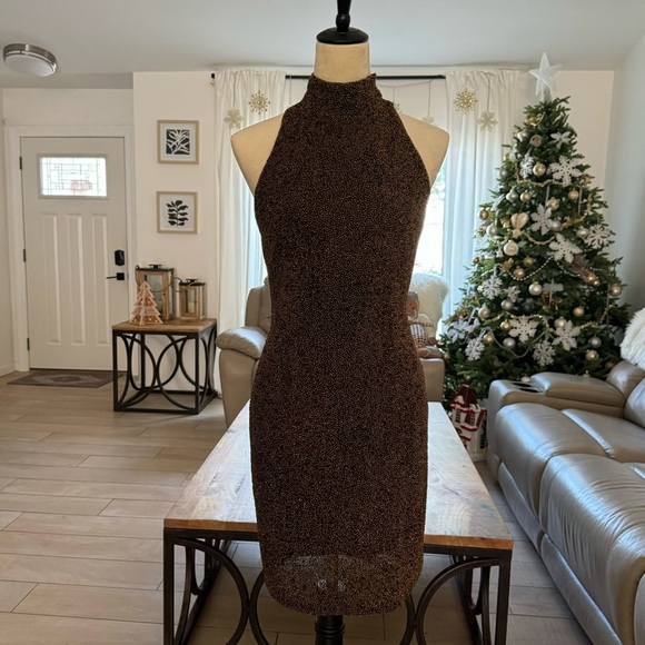Riaziee Boutique Bronze Pure Silk Formal Beaded Mini Dress Size 4 - Picture 3 of 17